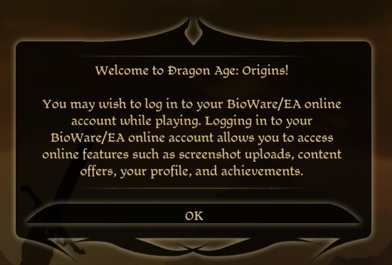 Dragon Age: Origins login prompt